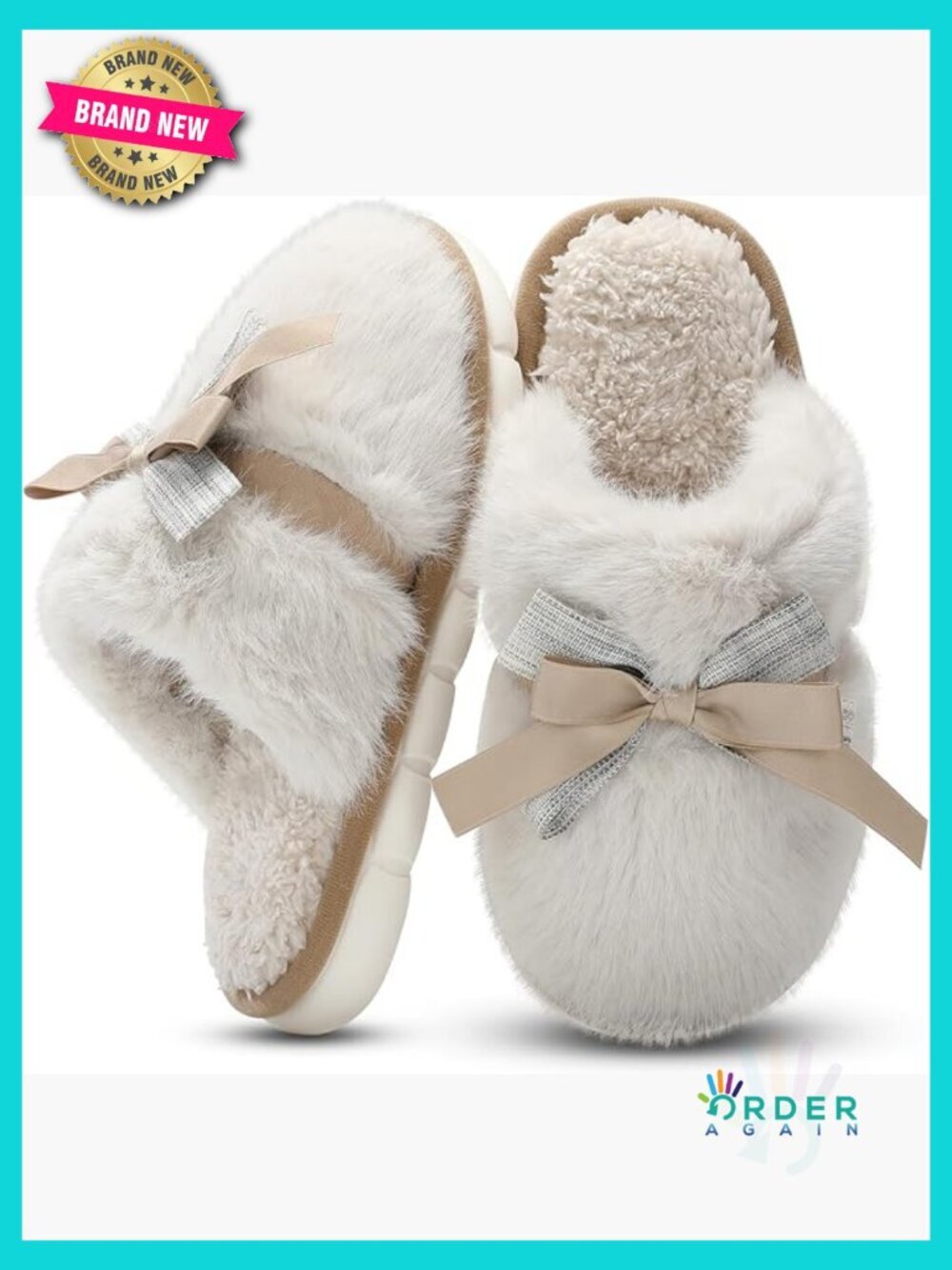 Memory Foam Faux Fur Slippers with Bow Tie Anti-Skid Indoor Outdoor Comfort